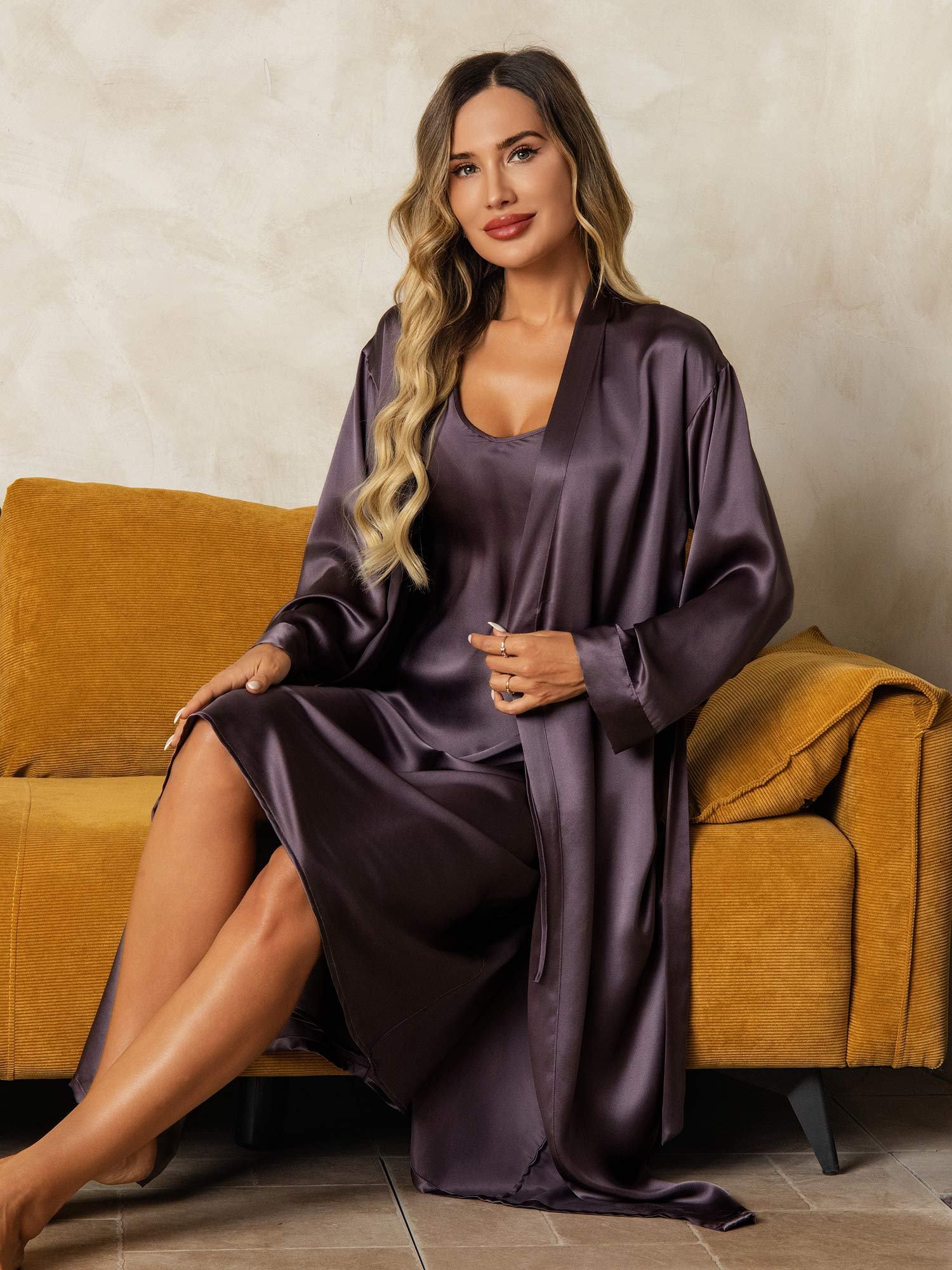 [Lilla Grå] SilkSilky-NO Silke Nightgown&Robe Set 008