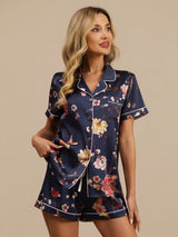 [Marine Blomster] SilkSilky-NO Kort erm Notchkrage Pyjamas for Kvinner 006