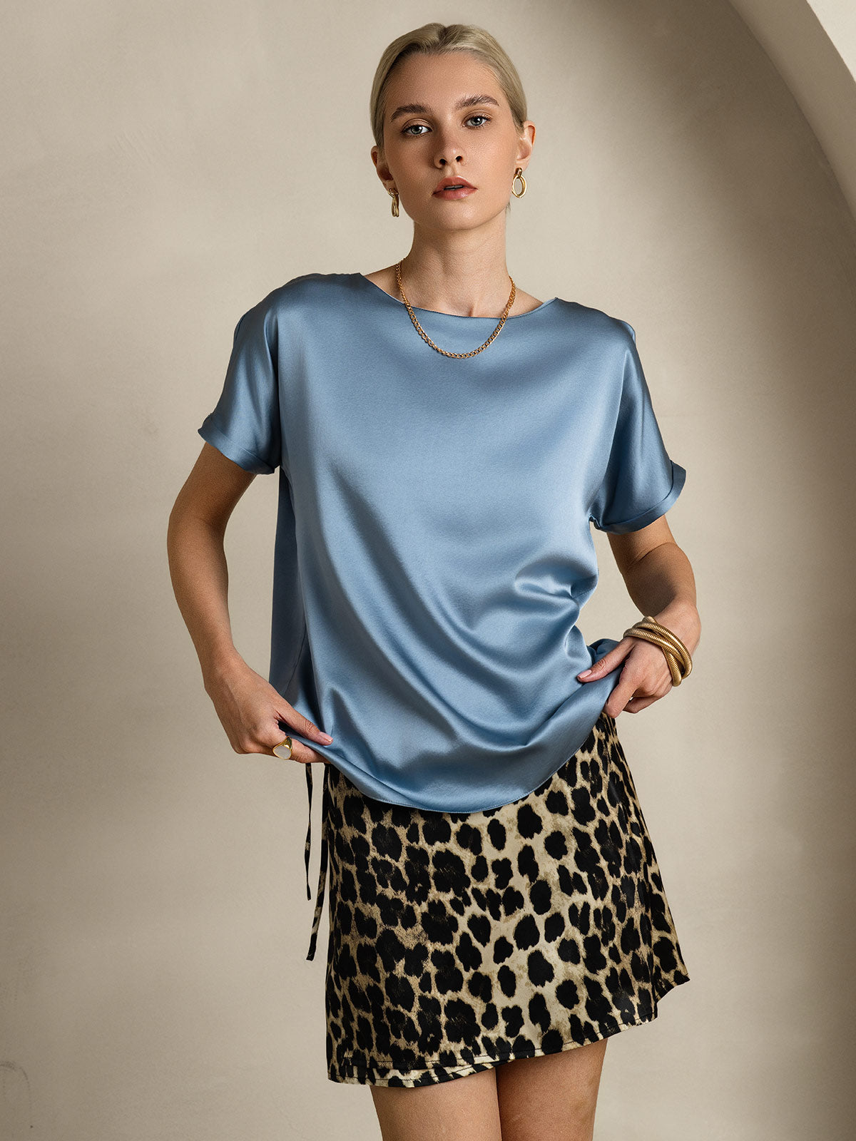 [Gråblå] SilkSilky-NO 19Momme Silke Womens T-Shirt 001,