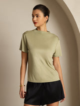 [Tørket Urte] SilkSilky-NO 100% Silk Jersey Short Sleeve Falsk Krage T-skjorte for Kvinner 001