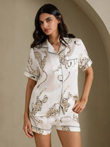 [Hvit Gepard] SilkSilky-NO Short Sleeve Notch Collar Pyjamas for Kvinner 001