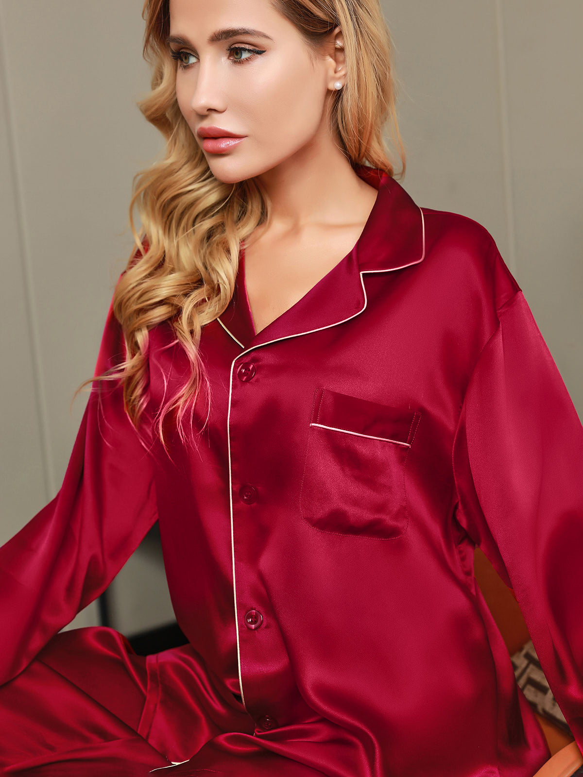 SilkSilky  Pure Silk Long Sleeve Lapel Women's Pajamas Wine 009