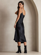[Svart] SilkSilky-NO Spaghetti Strap V Neck Kjole 002