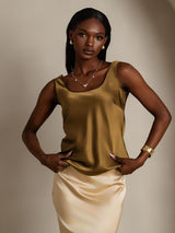 [Brun] SilkSilky-NO 19Momme Ermeløs Dyp Rund Halsutringning Camisole Topp 005