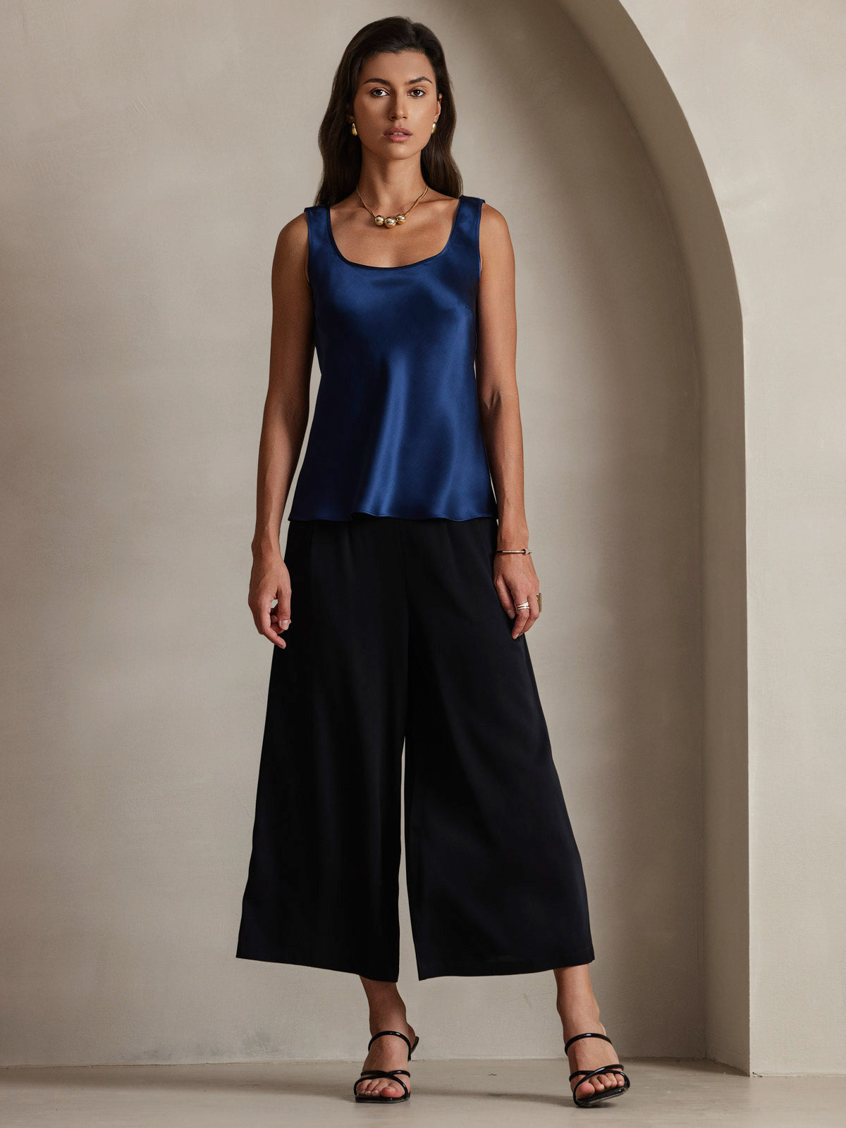[Mørke blå] SilkSilky-NO 19Momme Silke U-hals Camisole Topp 001