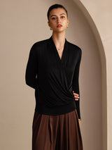 [Svart] SilkSilky-NO Long Sleeve Wrap Damebluser 003