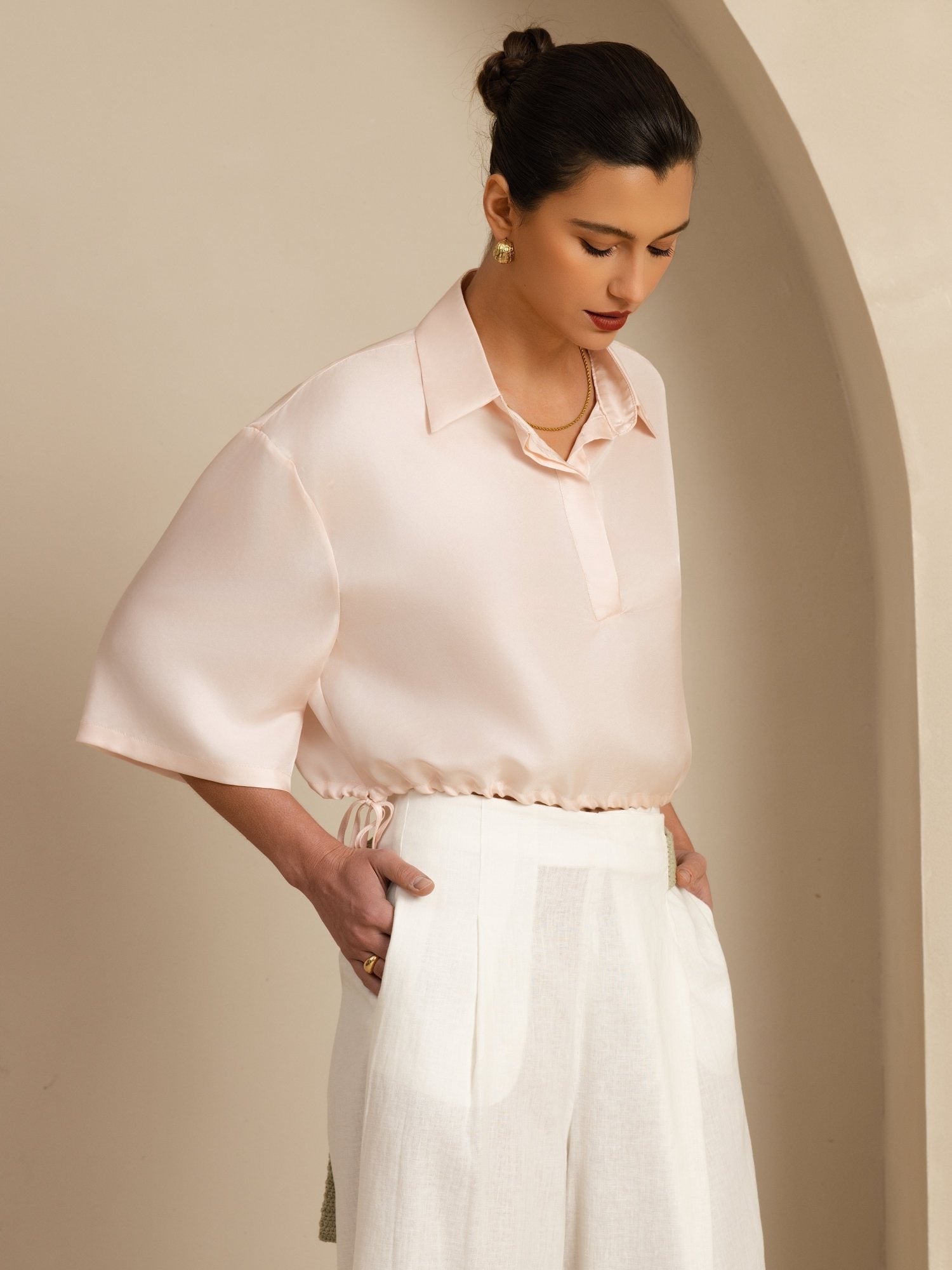 [Rosa] SilkSilky-NO 18Momme Halv erme Slagkrage Bluse 005