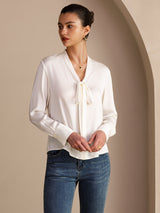[Hvit] SilkSilky-NO Long Sleeve Tie Neck Damebluser 005