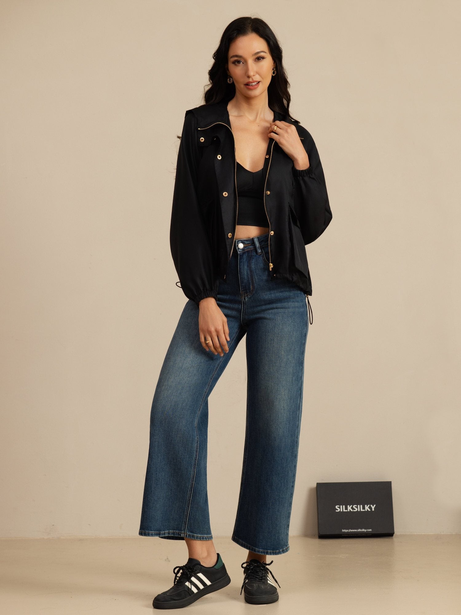 [Svart] SilkSilky-NO Langermet Høy Hals Yttertøy for Kvinner 007