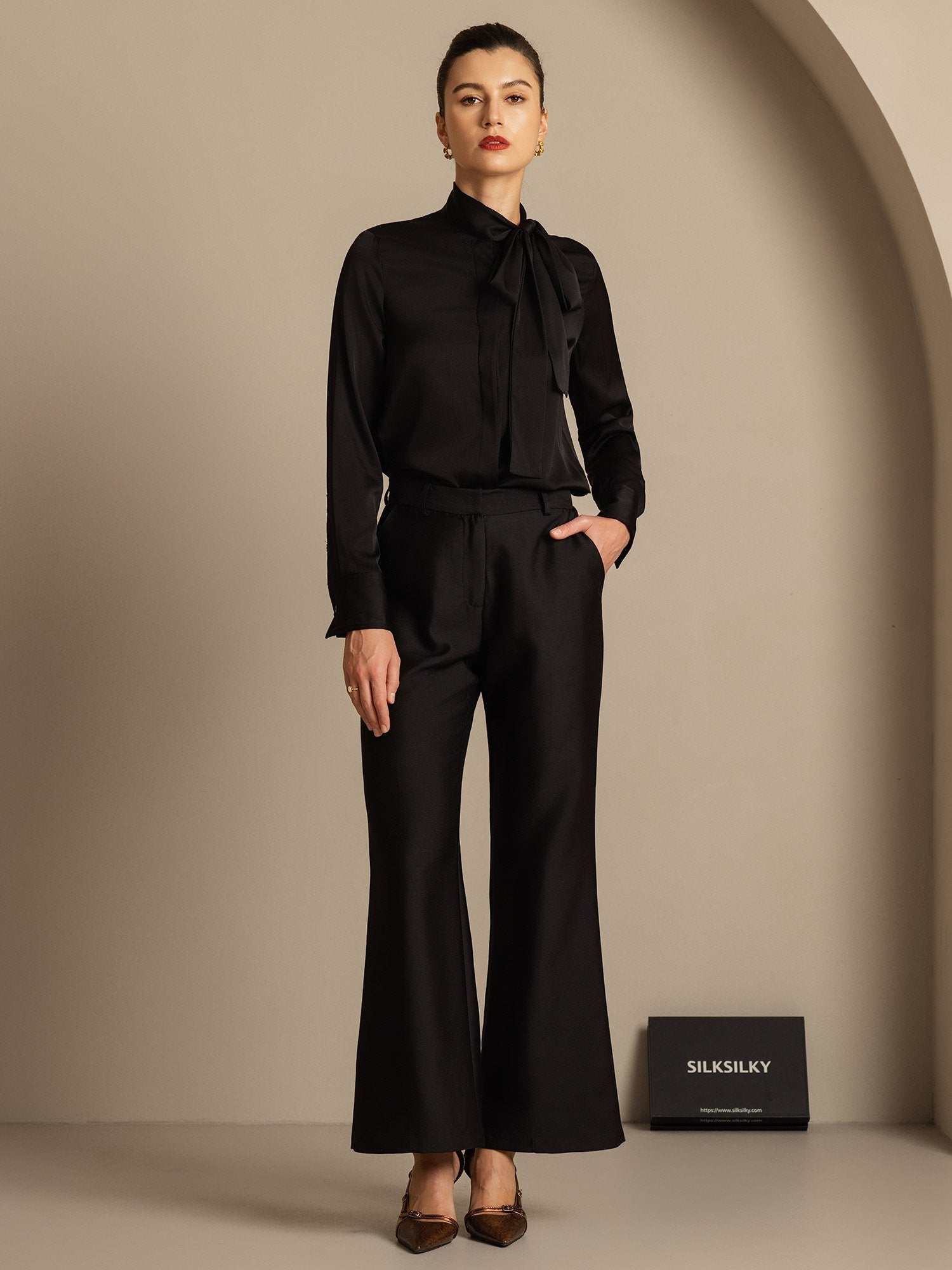 [Svart] SilkSilky-NO 32Momme Silk-Wool Blend Womens Pants 007,