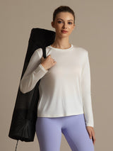 [Hvit] SilkSilky-NO Langermet Tett Crew Neck T-skjorte for Kvinner 006