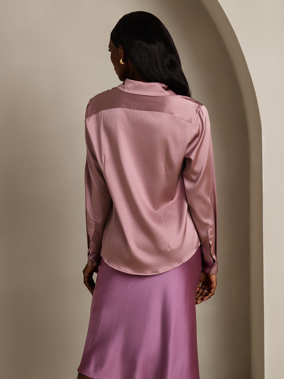 [Blek Mauve] SilkSilky-NO Silke Lapel Collar Skjorte for Kvinner 002