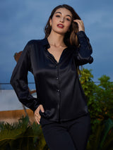 [Svart] SilkSilky-NO Long Sleeve Lapel Collar Skjorte for Kvinner 005