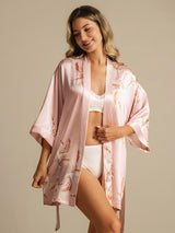 [Rosa] SilkSilky-NO 19Momme 3/4 erme Morgenkåpe for Kvinner 003