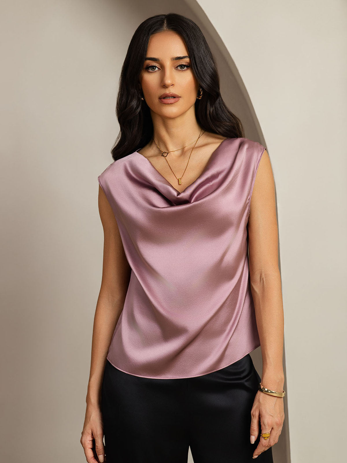 [Blek Mauve] SilkSilky-NO 19Momme Silke Cowl Neck T-skjorte for Kvinner 001
