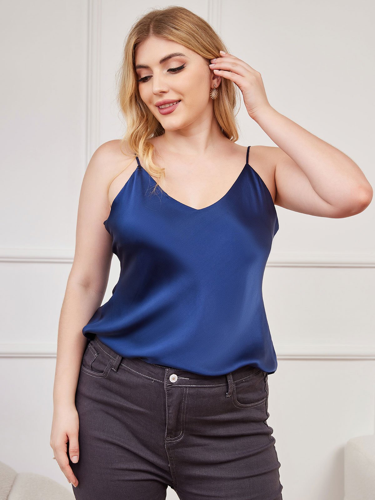 [Mørke blå] SilkSilky-NO Pure Silk V-Hals Plus Size Camisole Top 001
