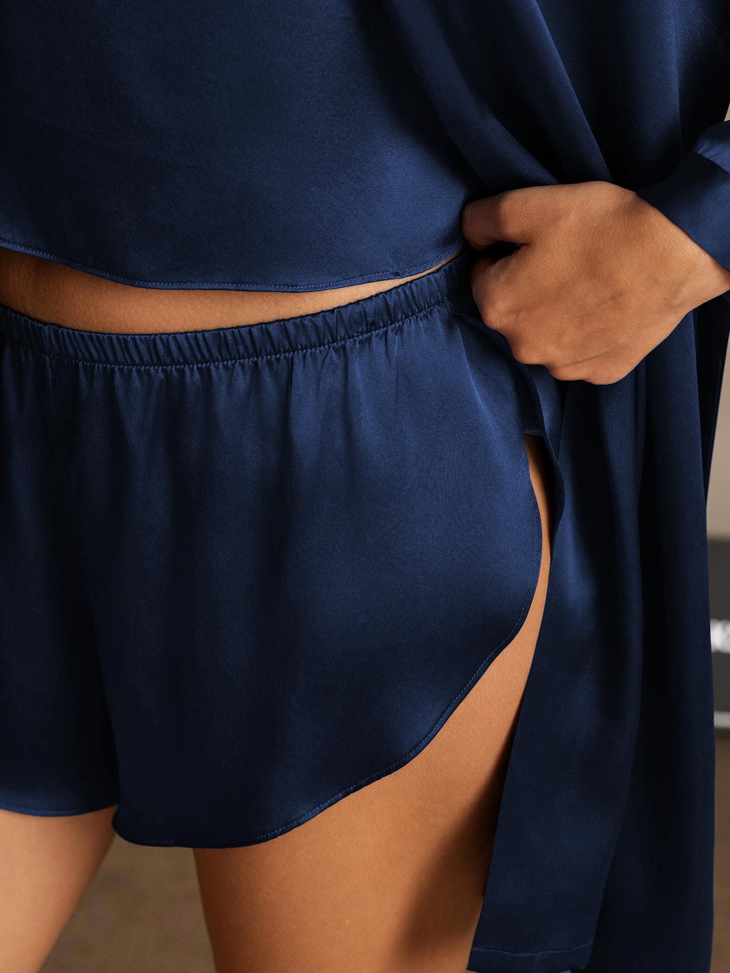 [Mørke blå] SilkSilky-NO Silke Nightgown&Robe Set 005,