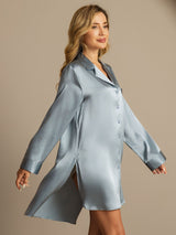 [Gråblå] SilkSilky-NO Long Sleeve Lapel Collar Soveskjorte 006