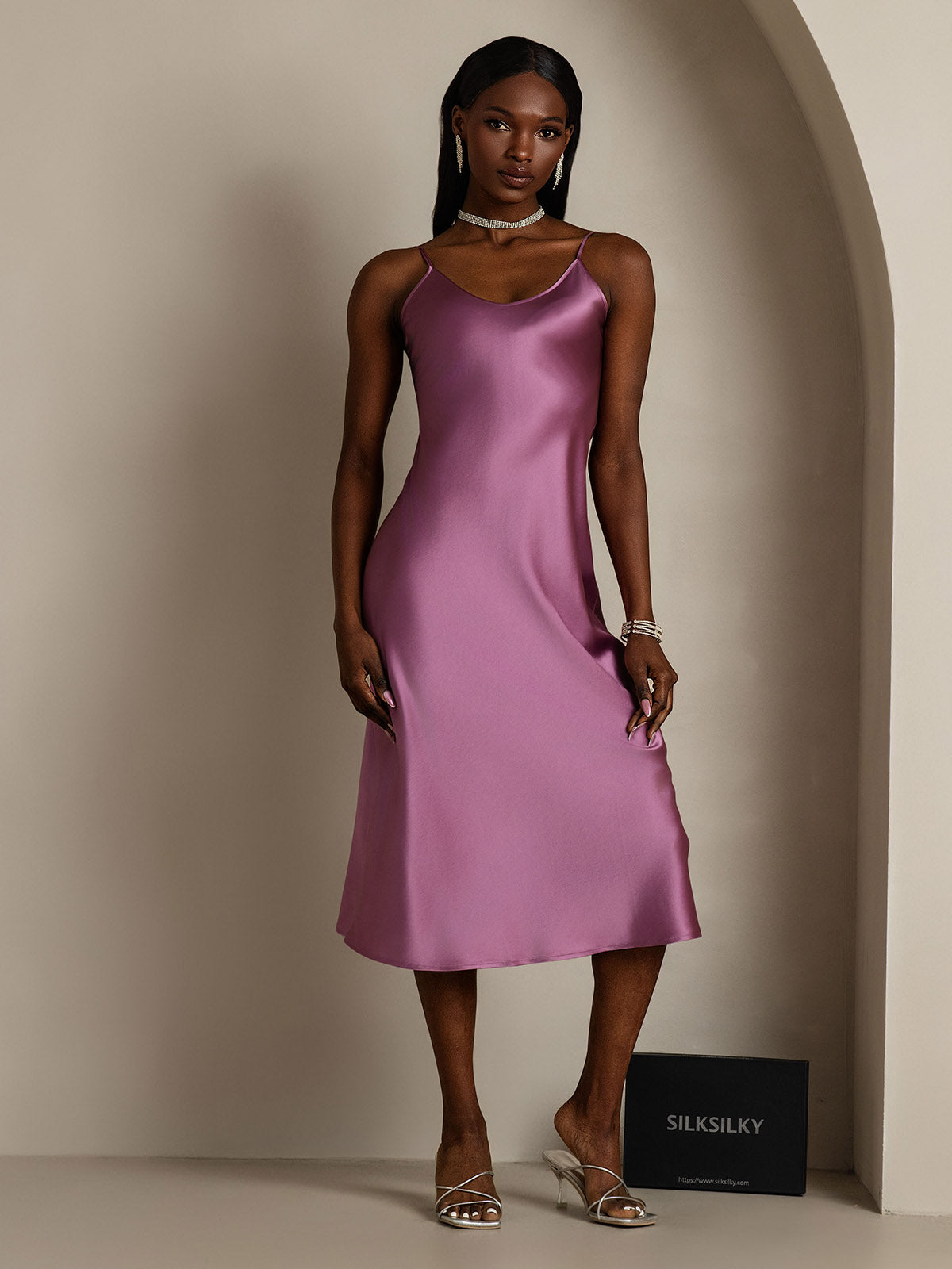 [Mørklilla] SilkSilky-NO Pure Silk Sleeveless Round Neck Kjole 003