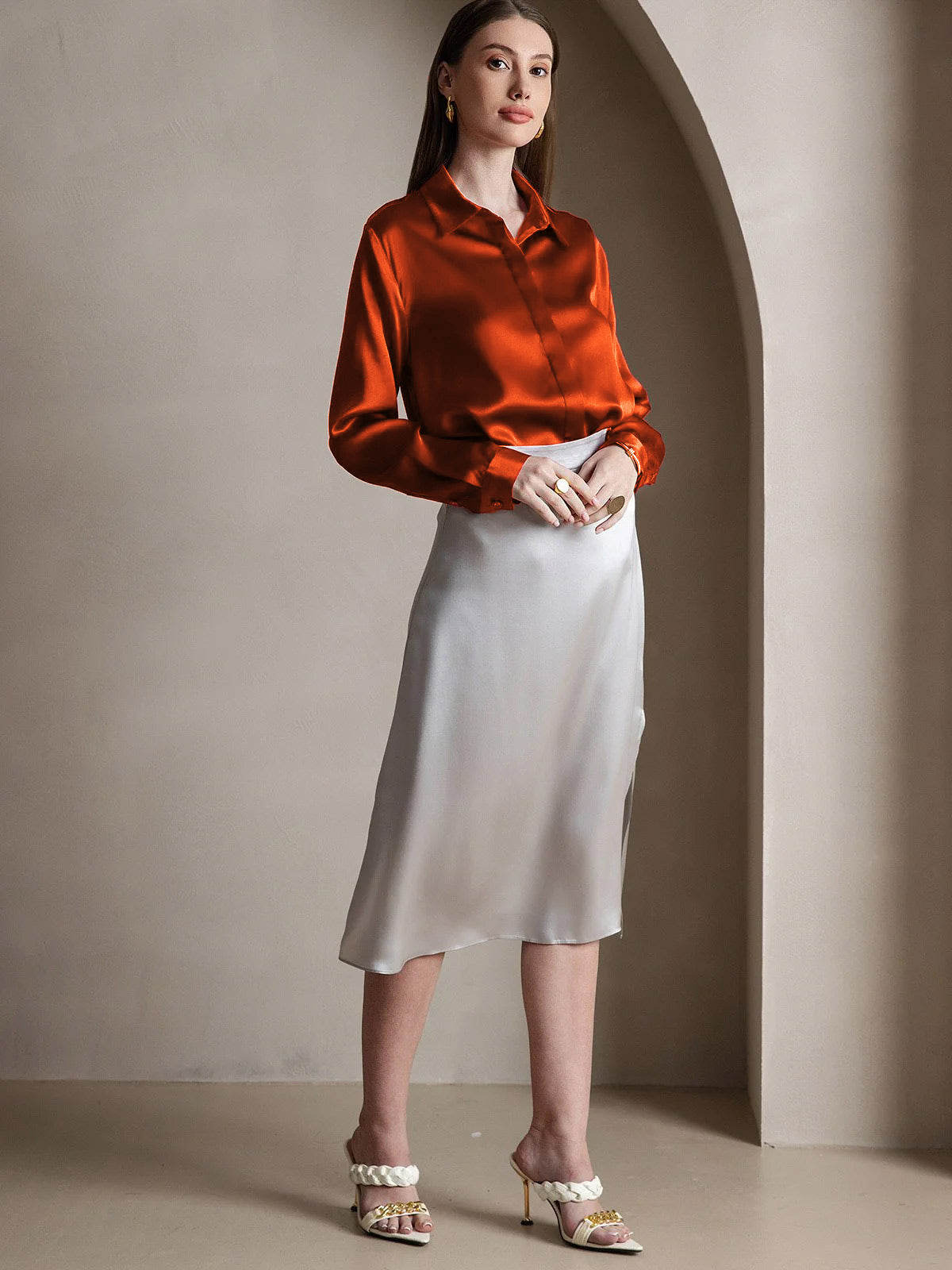 [Karamell] SilkSilky-NO 19Momme Silke Lapel Collar Skjorte for Kvinner 002
