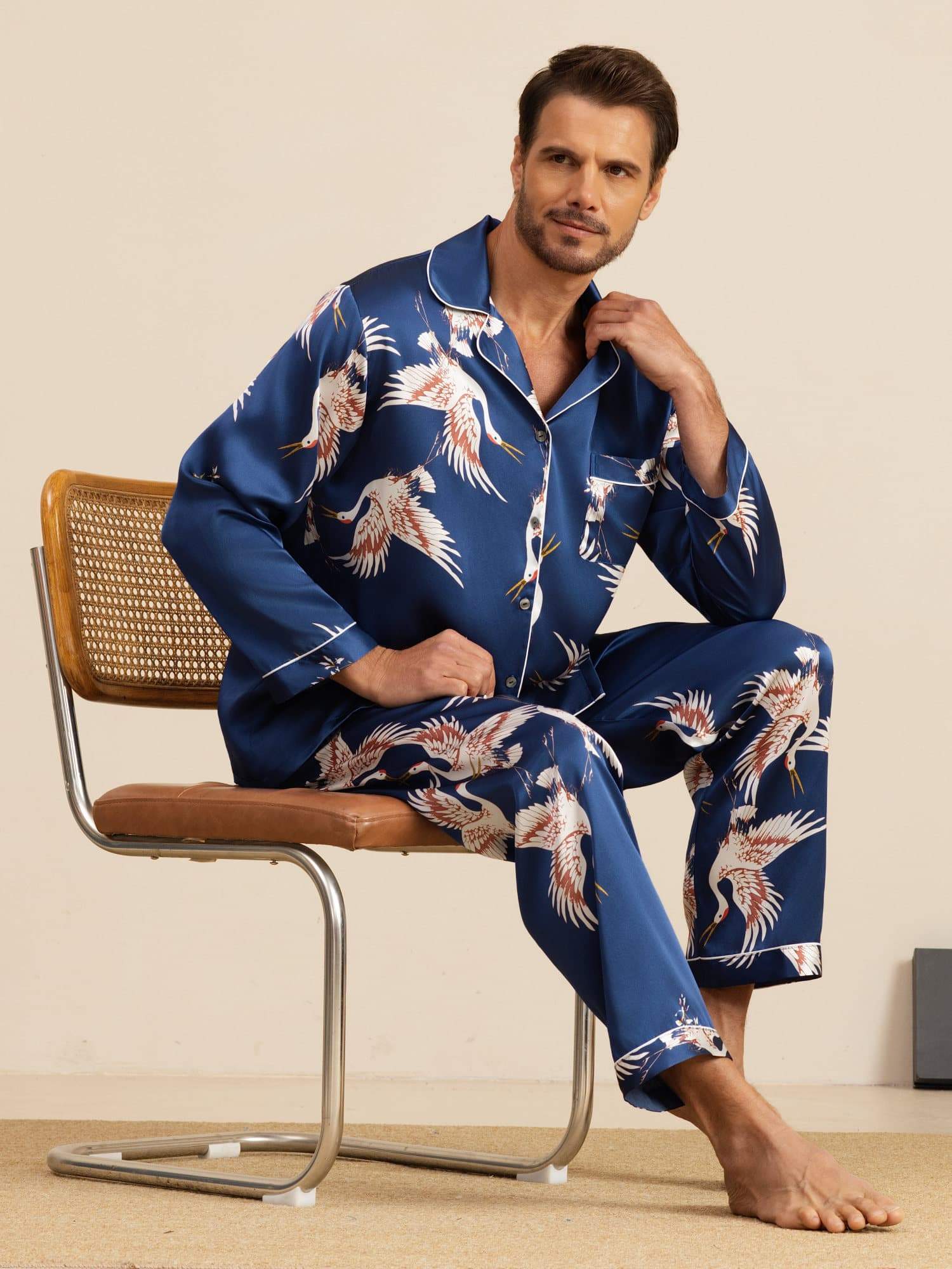 [Mørke blå] SilkSilky-NO Long Sleeve Notch Collar Pyjamas for menn 001