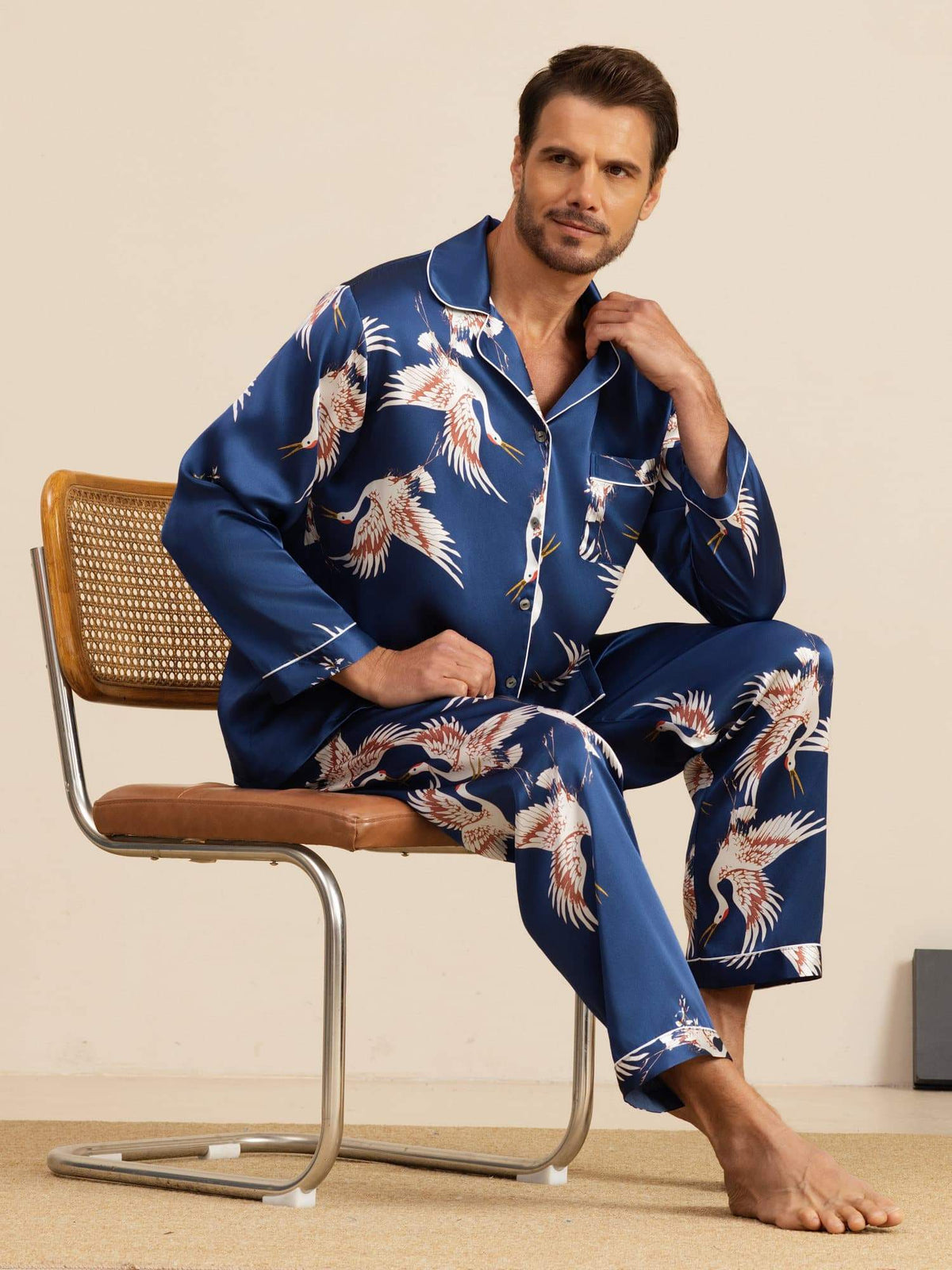 [Mørke blå] SilkSilky-NO Long Sleeve Lapel Collar Pyjamas for menn 001