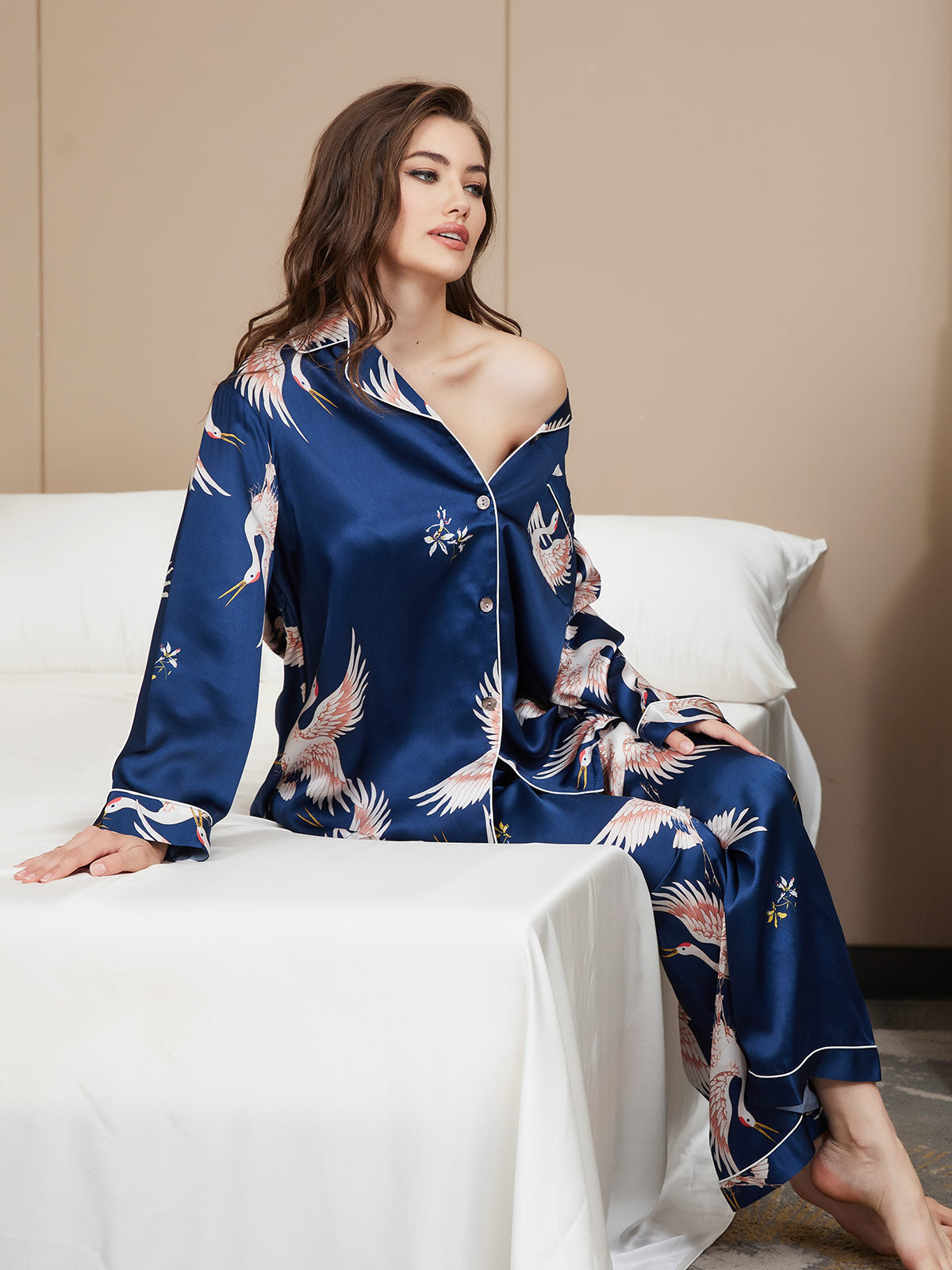 [Mørke blå] SilkSilky-NO Long Sleeve Lapel Collar Pyjamas for Kvinner 002