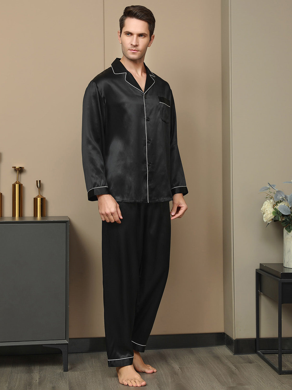 [Svart] SilkSilky-NO 19Momme Mens Pajamas 003