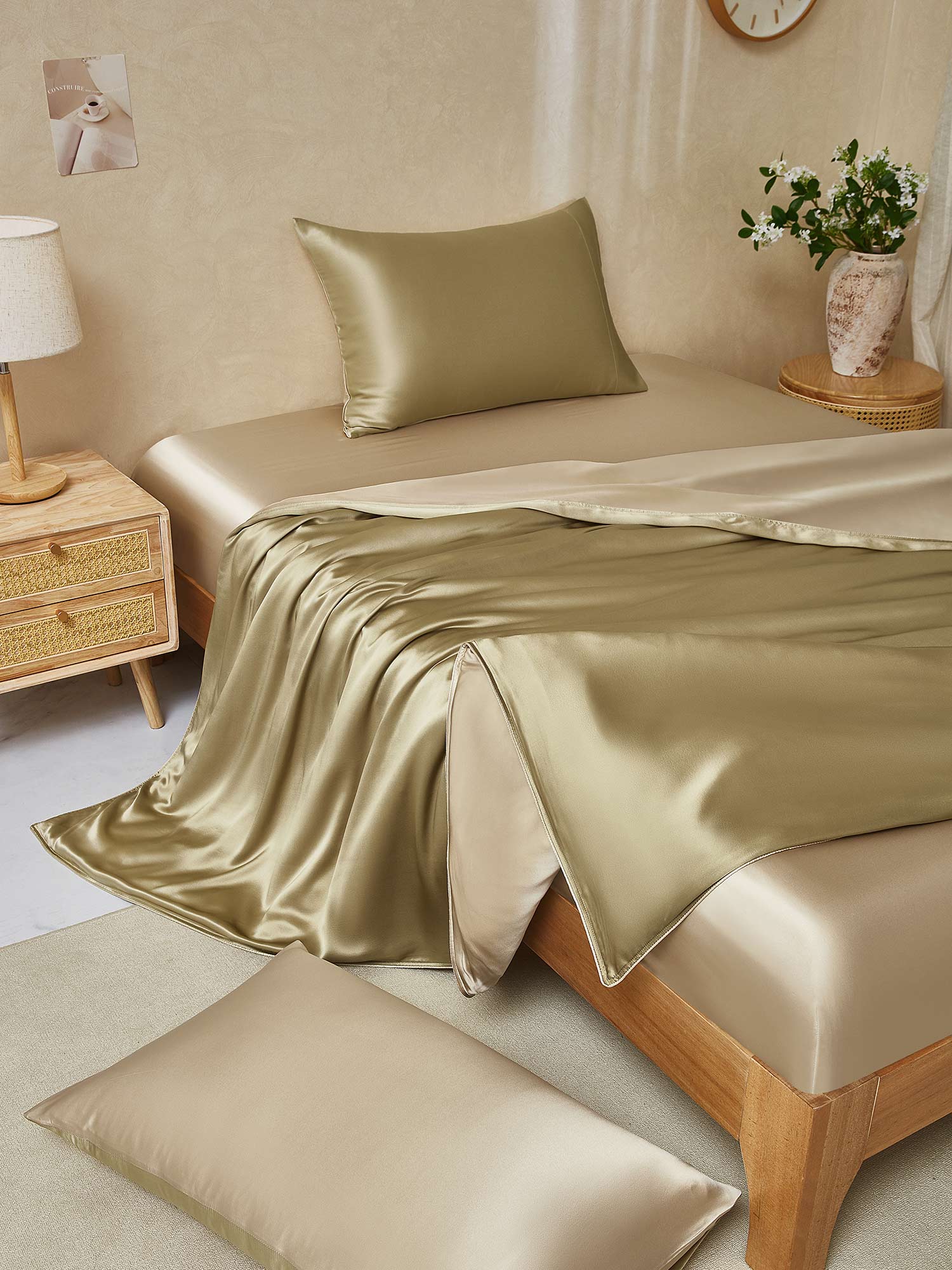 [Beige+Kaki] SilkSilky-NO 19Momme Bedding Set 001