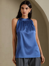 [Ekte Petrol] SilkSilky-NO Sleeveless Halterneck T-skjorte for Kvinner 001