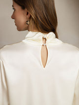 [Elfenbein] SilkSilky-NO Long Sleeve Keyhole Neck Damebluser 006