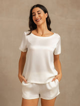 [Hvit] SilkSilky-NO 19Momme Kort erm Rund Hals Pyjamas for Kvinner 001