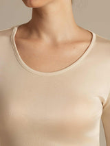 [Beige] SilkSilky-NO Langermet Rund Hals T-skjorte for Kvinner 007