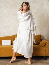 [Hvit] SilkSilky-NO Long Sleeve V Neck Nattkjole og Morgenkåpesett 004