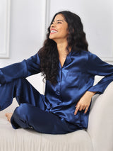 [Mørke blå] SilkSilky-NO Long Sleeve Lapel Collar Pyjamas for Kvinner 001