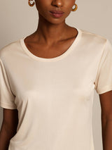 [Beige] SilkSilky-NO Kort erm Rund Hals T-skjorte for Kvinner 003