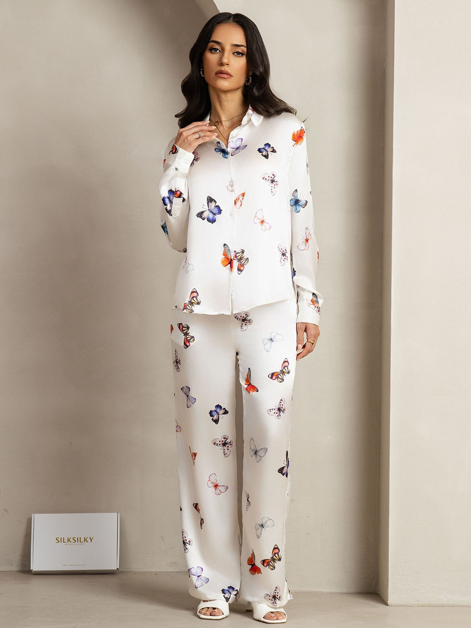 [HvitSommerfugl] SilkSilky-NO 19Momme Silke Lapel Collar Women''s Outfit Sets 001