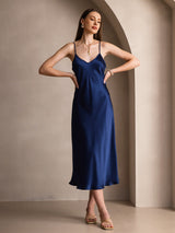 [Mørke blå] SilkSilky-NO Spaghetti Strap V Neck Kjole 004