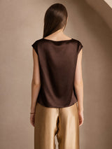 [Mørk Sjokolade] SilkSilky-NO Cap Sleeve Cowl Neck T-skjorte for Kvinner 002