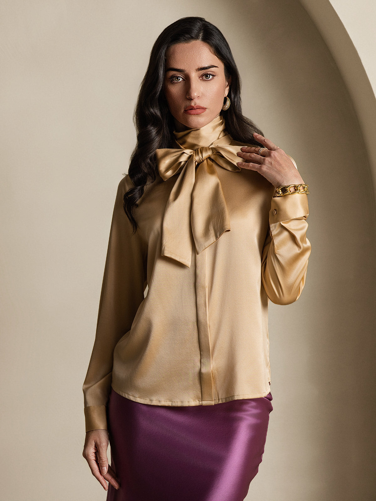 [Champagne] SilkSilky-NO 19Momme Silke Long Sleeve Tie Neck Skjorte for Kvinner 004