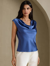 [Ekte Petrol] SilkSilky-NO Cap Sleeve Cowl Neck T-skjorte for Kvinner 003