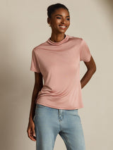 [Rosa] SilkSilky-NO 100% Silk Jersey Short Sleeve Falsk Krage T-skjorte for Kvinner 006