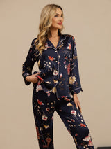 [Marine Blomster] SilkSilky-NO Long Sleeve Lapel Collar Pyjamas for Kvinner 005