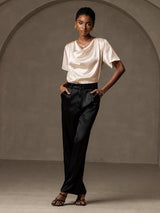 [Beige] SilkSilky-NO Short Sleeve Cowl Neck Damebluser 005
