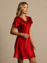 [Mørkerød] SilkSilky-NO Short Sleeve V Neck Nattkjole 006