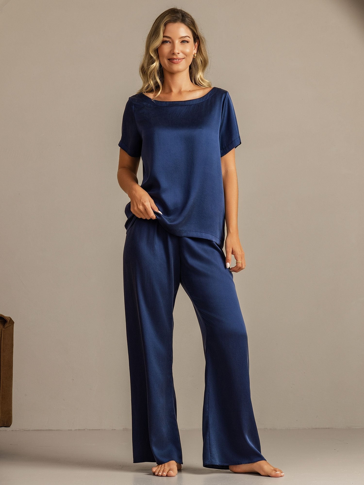 [Mørke blå] SilkSilky-NO 19Momme Silke Womens Pajamas 004