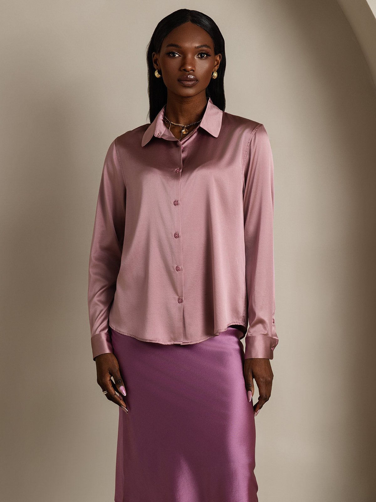 [Blek Mauve] SilkSilky-NO Silke Lapel Collar Skjorte for Kvinner 003