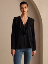 [Svart] SilkSilky-NO Long Sleeve Deep V Neck Damebluser 003