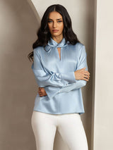 [Gråblå] SilkSilky-NO Long Sleeve Keyhole Neck Damebluser 006