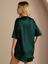 [Mørk Grønn] SilkSilky-NO Short Sleeve Round Neck Pyjamas for Kvinner 002